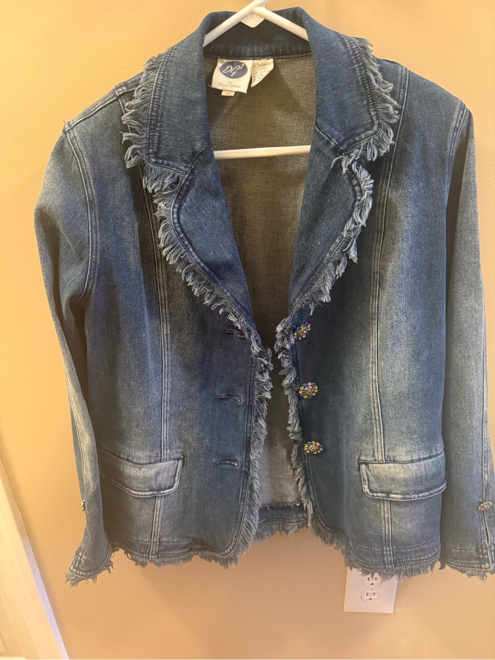DG2 by Diane Gilman Frayed Dark Blue Denim Jacket with Beaded Buttons